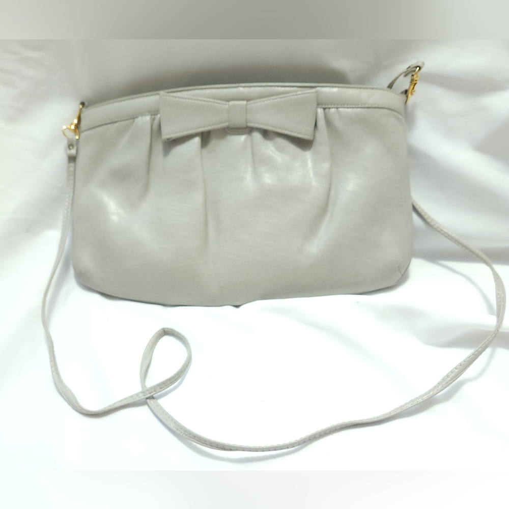 Vtg Zenith Lt Gray Leather Purse Bow Long Straps Small Crossbody Bag Evening